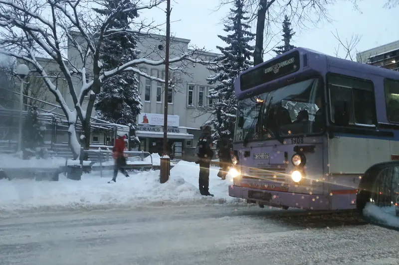 Žiemos vakaras prie Valstybinio Šiaulių dramos teatro: apsnigti medžiai, užrašas „Dramos teatras“ virš įėjimo, dešinėje – miesto autobusas stotelėje.